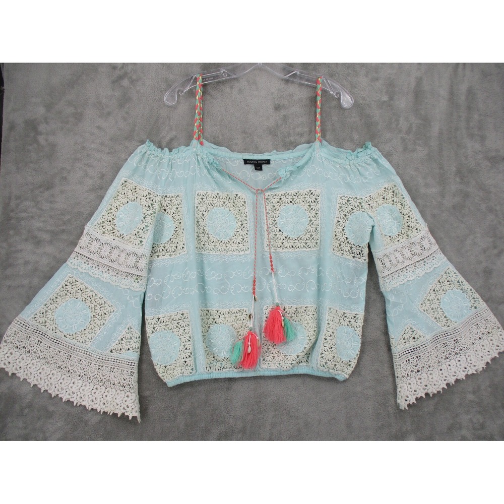 Boston Proper Top Womens Size M Bell Sleeve Lace Tassel Bohemian Cottage Blue
